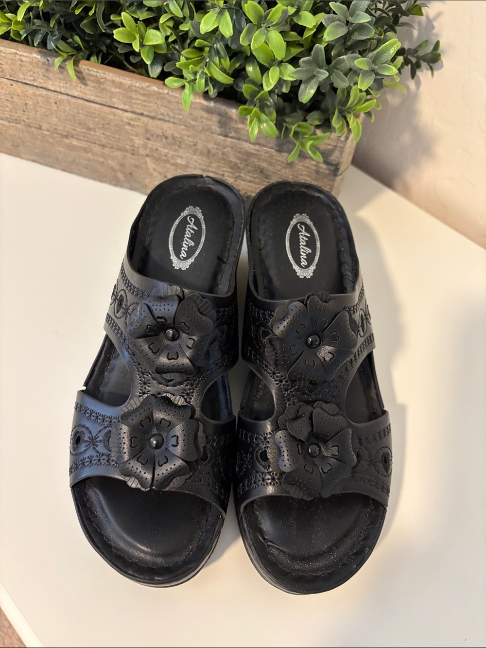Atalina Women's Black Floral Slide Sandals